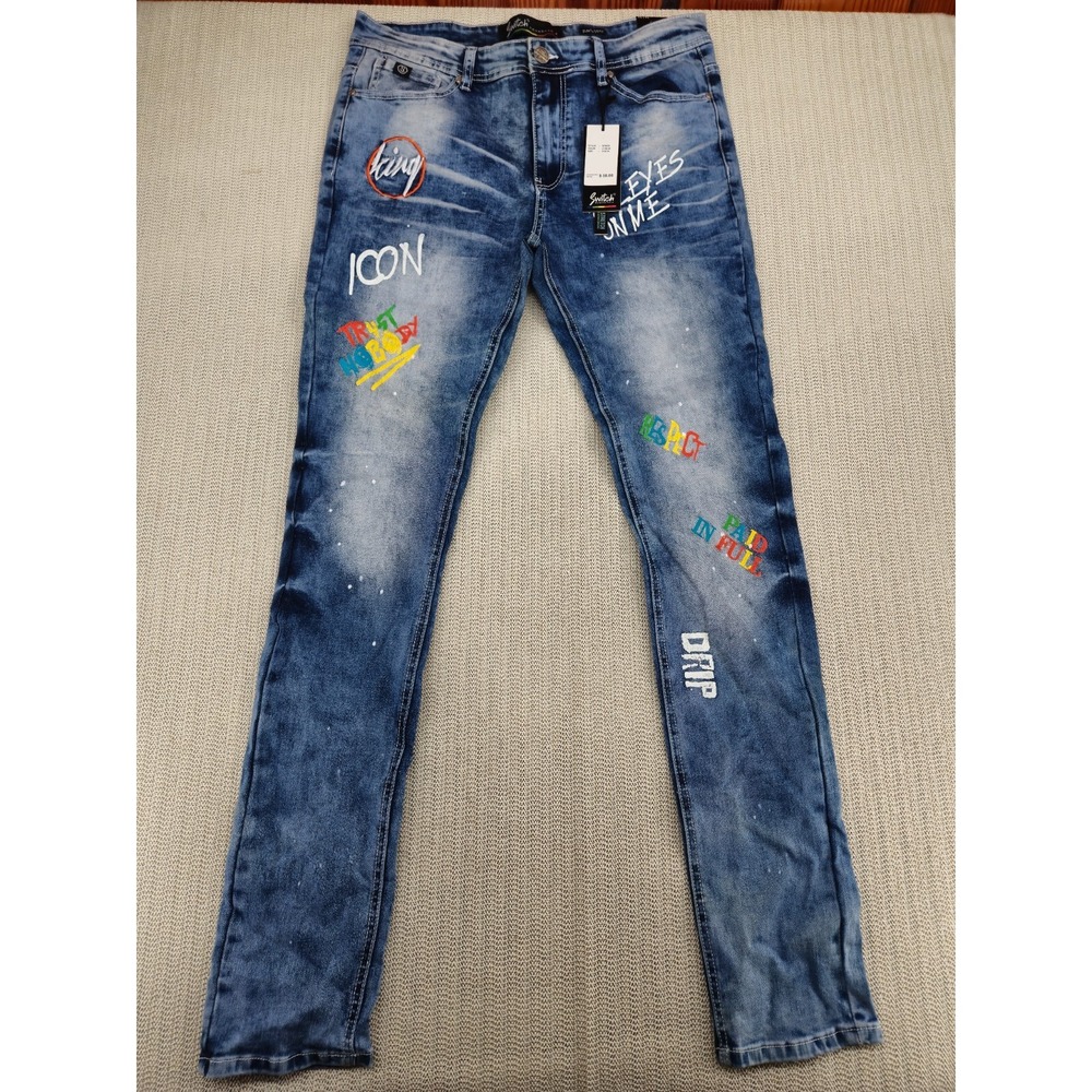 Switch Remarkable Jeans Mens 34X34 Blue Slim Taper Graphic Hip Hop Streetwear